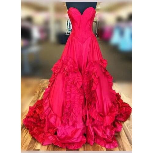 Red Sweetheart Satin Prom Dresses Sleeveless Puffy Evening Dress Formal Party Ball Gowns vestido formatura