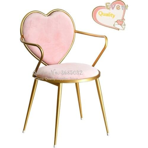 Nordic Creative Pink Dining Chair Iron Gold Leg Soft Flannel & PU Heart-shaped Chairs Nail Coffee Lounge Stools Dressing Chair