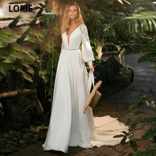 LORIE Bohemian Wedding Dresses 2021 Elastic Chiffon Lace Puff Sleeves Arabic Wedding Gown Bride Dress Vestidos Boho Hippie Chic