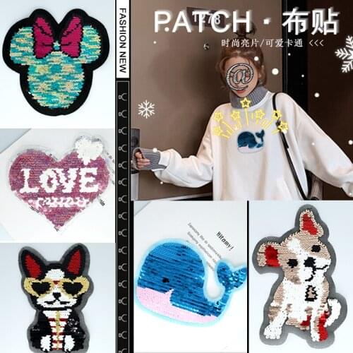 Sew on Heart Sequined Mouse Whale Dog Cartoon Sequins Embroidered Patches for Children Clothing Badges Applique Patch Stickers