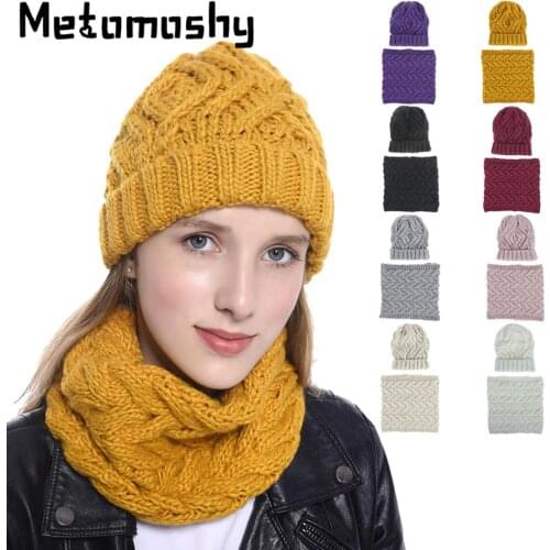 2020 New Hat & Scarf Women Two Pieces Knitted Winter Wool Beanie Cap Female Keep Warm Neckerchief Men Ladys Winter Accessories