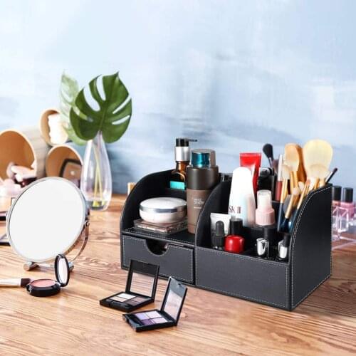 Office Desk Organizer - Multifunctional PU Leather Desktop Storage Box - Business Card/Pen/Pencil/Mobile Phone/Stationery Holder