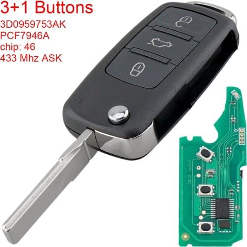 3 + 1 Buttons 433MHz ASK Flip Remote Intelligent Key Fob with ID46 Chip 3D0959753AK for VW Volkswagen Phaeton 2002-2010