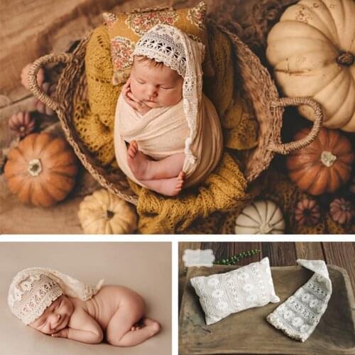 Newborn Photography Props Set Soft Lace Hat Pillow Baby Photoshoot Posing Cap No Elasticity Studio Fotografie Accessoires Girl