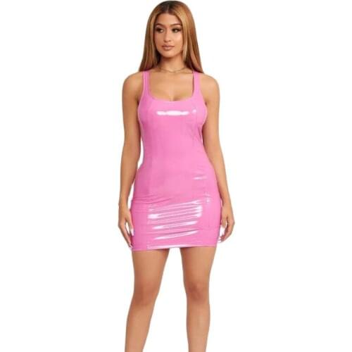 Wet Look Shiny Round Collar PVC Dresss Faux Latex PU Leather Sleeveless Sundress Package Hip Vestidos Sexy Clubwear Minifalda