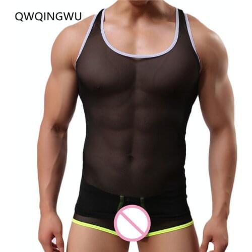Sexy Man Undershirts Male Men Mesh Bodysuit Basic T Shirts Gay Nylon Transparent See Through Tops Underwear Undershirts Vest