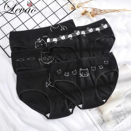 LEVAO Pure Cotton Mid-Waist Panties Cat Cartoon Womens Underwear Black Briefs Cute Girls Panties Comfortable Skin-Friendly