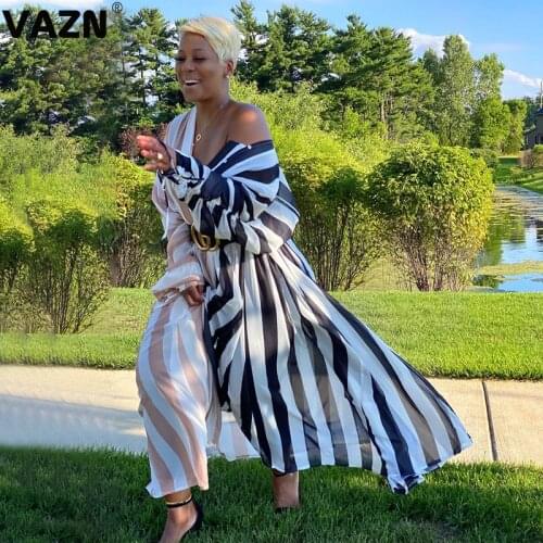 VAZN 2020 Hot Chiffon Plus Size Holiday Sexy Young Sweet Free High-end Full Sleeve High Waist Women Ball Gown Maxi Dress