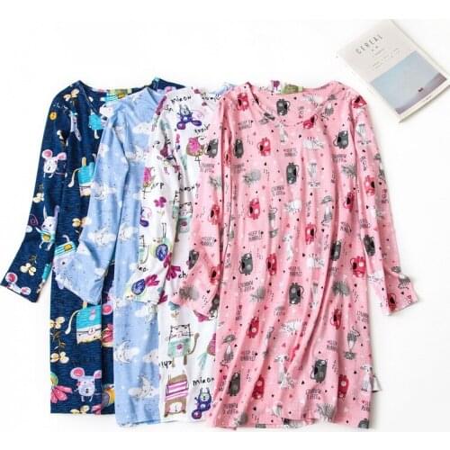 Spring Autumn Long Sleeve Pajamas Lady Cotton Nightdress Cute Cartoon Nightgown Korean Large Size Nightdress Breathable Homewear