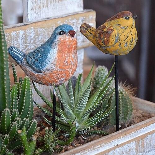 Handmade Vintage Cement Small Bird Stakes Garden Decor