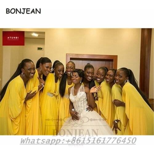 Yellow Bridesmaid Dresses 2021 Chiffon V Neck Long Sleeves Black Girls Bridesmaid Dress Wedding Party Dress