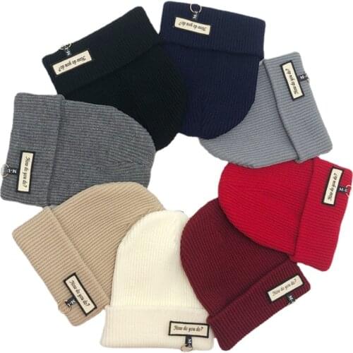 2021 letter label beanie hat with ring Womens Winter solid Color Embroidery Knitted Caps For Men Kpop streetwear Warm bonnet