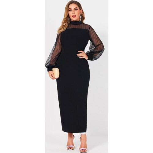 Nice New Summer Maxi Dress Women Black Sexy Gauze Mesh Patchwork Long Sleeve Slim Center Slit Hem On The Back Party Robes