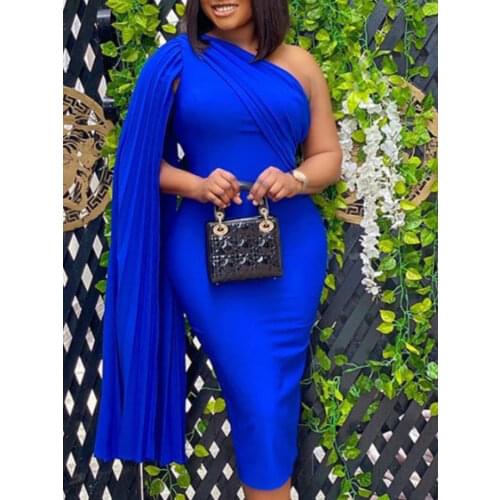 Elegant Women Party Celebrity Dress Sexy One Shoulder Ruched Ribbon Runway Dress Bodycon Big Size Blue Dinner Prom Dresses 2XL