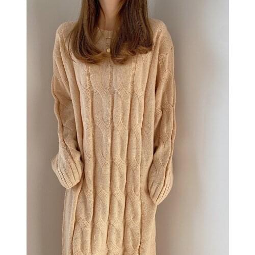 Round-necked Twist Knit Sweater Dress for Women Vintage Casual Loose Long Sleeve Solid Color Straight Mid-length Dresses