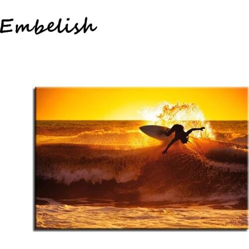Home Decor Pictures Framework HD Prints 1 Piece/Pcs Sunset Surfing Ocean Wave Canvas Paintings Seascape Poster Bedroo Wall Art