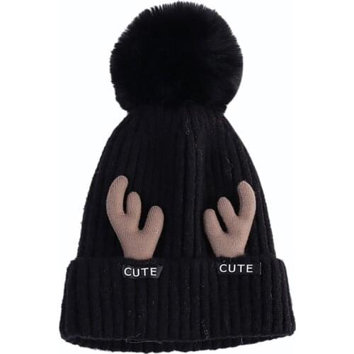1pc Pom Pom Decor Hat Antlers Thicken Warm Knit Beanie Cap Winter Hat For Women Girls Clothing Accessories For Winter