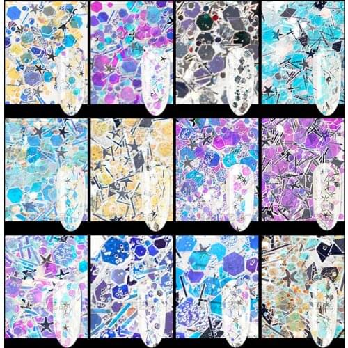 12Colors Nail Art Ocean Star Ultra Thin Glitter Mixed Size Hexagon Star Rectangle Shape Mermaid Nail Flake Glitter For Nail Art