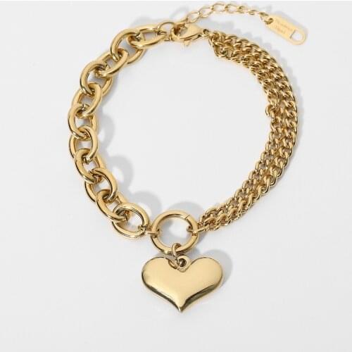 14K Gold Plated Stainless Steel Heart Shape Bracelets For Women Double Cuban Chain Splicing Bracelet Party Jewelry