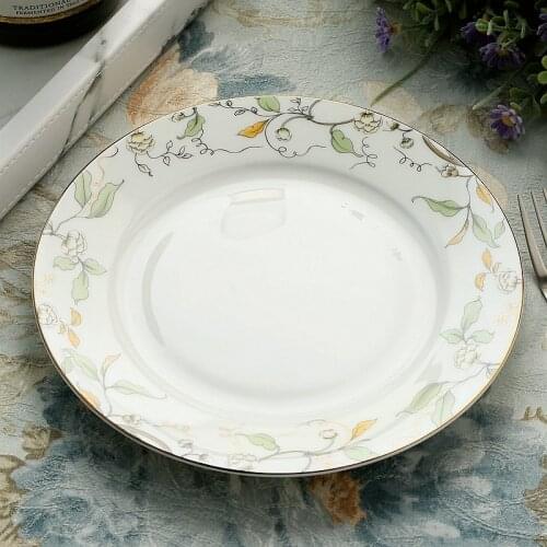 8 inch, fine bone china cake plate, ceramic decorative plate, leaf band painting, white porcelain dishes, breakfast tray