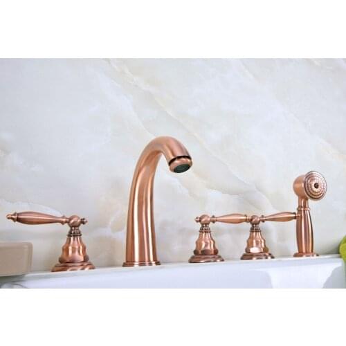 Antique Red Copper Brass Widespread Deck-Mounted Tub 5 Holes Three Handles Bathroom Tub Sink Basin Faucet Tap Hand Spray mtf235