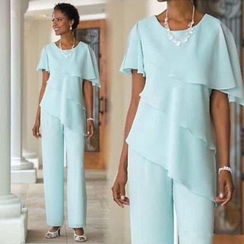 Modern light blue mother of the bride pant suits 2 pieces chiffon trouser short sleeves ankle length groom mom gowns for wedding