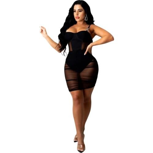 Black Mesh Bodycon Mini Dress Hollow Out Sexy Cleavage Halter Slash Neck Sleeveless Bodycon Midnight Club Style Female Wear