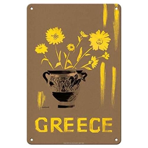 Greece - Yellow Daisy (Marguerite) Flowers in Grecian Urn by L. Montessanti c.1950s - Metal Tin Sign