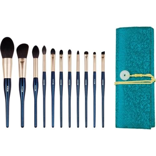 11Pcs Make up Brushes Set Dark Green Blue Goat Squirrel Hair Powder Blush Highlighter Eyeshadow Blender Cosmetic Brush with Bag