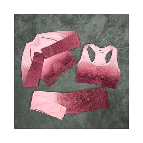 3Pcs Yoga Set Women Running Gym Clothing High Waist Fitness Sports Suit Ombre Seamless Leggings+Sports Bra+Long Sleeve Crop Top