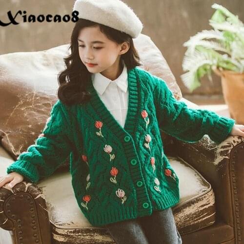 Thick Knit V Neck Button Sweater Jacket for Girls Floral Warm Coat Autumn Winter Toddler Kids Outerwear Clothes 8 10 12 14 Years