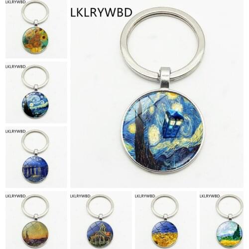 LKLRYWBD / Vintage Van Gogh Star Sunflower Logo Pattern Fashion Keychain Keyring Jewelry Pendant Convex Glass Keychain