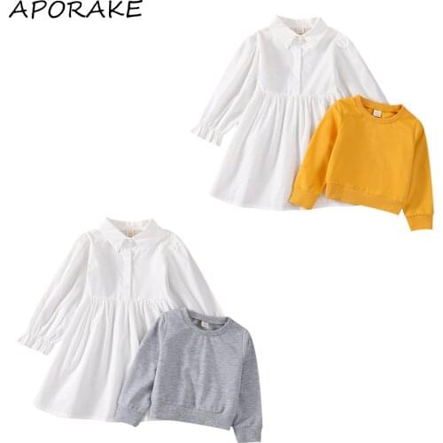 2021 1-6Y Fall Kids Baby Girl Clothes Set Casual Solid Color Long Sleeve Round Neck Sweatshirt+White Shirt Dress 2pcs Outfits