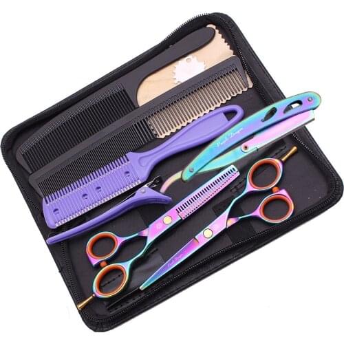 Colorful JP Stainless Steel Professional Hairdressing Scissors Set Barber Hair Cutting Thinning Kit Razor Blade Comb 5.5 Y1224