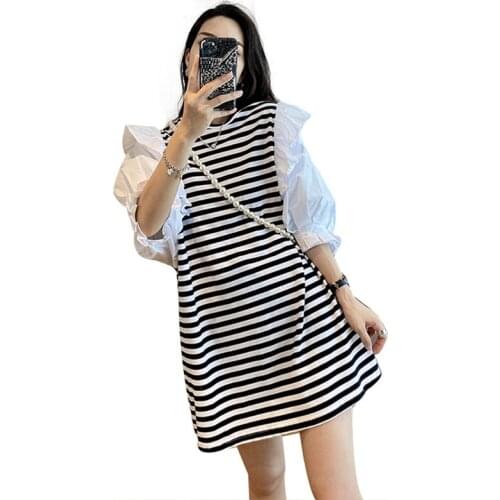 Maternity Clothes Black and White Stripe Stitching Summer Pregnancy New Loose Dress Pregnant Woman Top