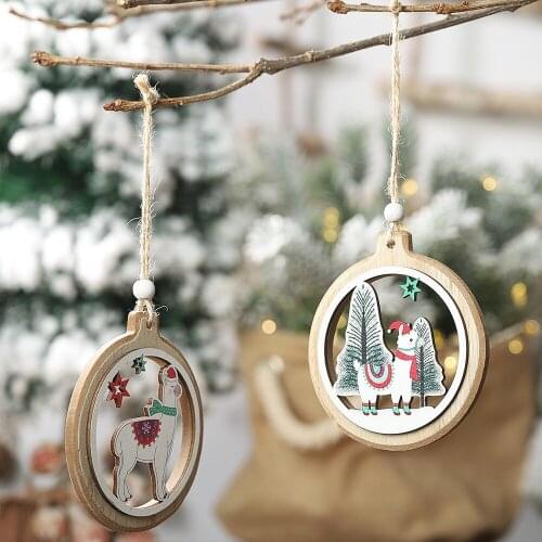 Christmas decoration new wooden hollow pendant round alpaca pendant small tree wooden pendant door and window listing family2020
