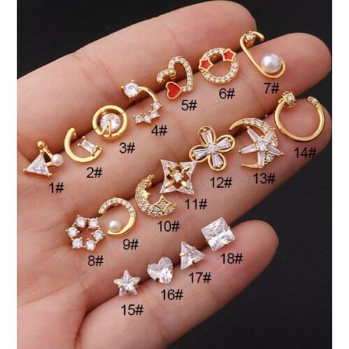 1Pc 20G Stainless Steel Ear Piercing Earring Moon Heart Cz Cartilage Earring Helix Tragus Rook Lobe Screw Back Stud Earrings