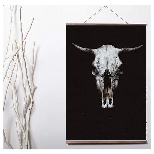 Nordic Black White Cow Skull Animal face Art Canvas print poster painting with solid wood