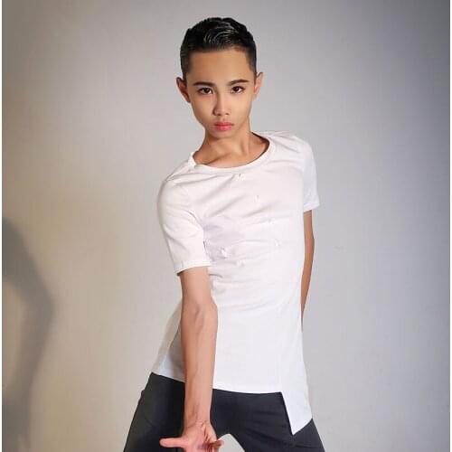 Latin Dance Tops For Boys Training Clothes Button Stitching Tops Slim T-Shirt Chacha Samba Tango Latin Dance Costumes DQS7804