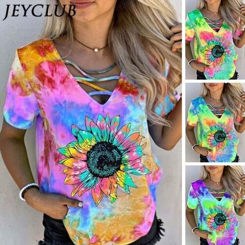 Sexy Hollow Out V-neck Short Sleeve Sunflower Print Tie Dye Casual Loose Tee T Shirt Femme 2021 Summer Women Clothing Tunic Tops