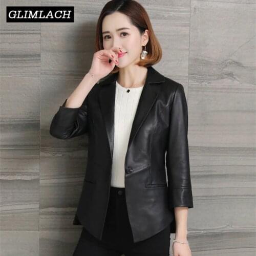 2020 Office Lady Genuine Leather Blazer Jacket Women 100% Lambskin Real Leather Suit Short Coat Slim Black Female Chaqueta Mujer
