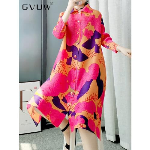 GVUW One Pleat For Person Three House Pleated Trench Coat Doll Collar Print 2021 Summer And Autumn New Fashion Large KB62867