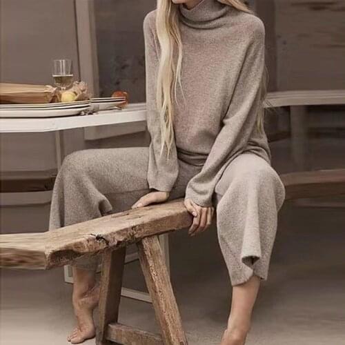 Fashion Long Sleeve Suits Women Solid Knitted 2 Piece Set Vintage Turtleneck Pullover Tops + Casual Long Pants Outfits Homewear