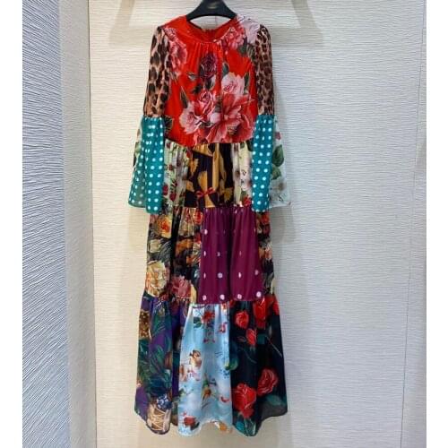 2021 runway 70% silk spring summer women patchwork printed long sleeve swing dresses Bohemian holiday long maxi dress y391