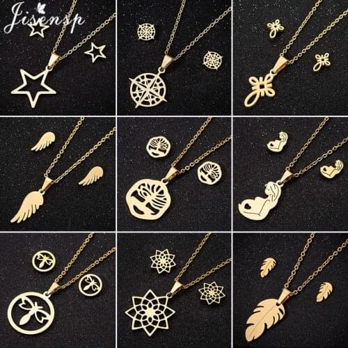 2021 Punk Leaf Stainless Steel Pendant Necklace Women Fashion Star Wings Compass Dragonfly Earrings Necklaces Ketting Jewellery