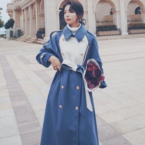 Fashion Quality Coat Female Womens Woolen Jacket 2021 Winter New Long Loose Thick Blue Stitching French Lapel Double Breasted