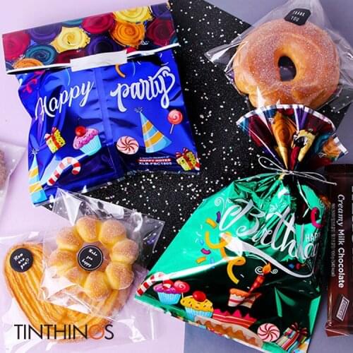 100PCS Happy Birthday Candy Gift Bag Cake Cookies Packaging Handbag Aluminum Foil Mylar Bags Kids Birthday Party Favors