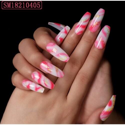24Pcs Pink White Coffin Fake Nails DIY Slider Glue Type Removable Long Paragraph Fashion Manicure Fully Covered Nail Decoration