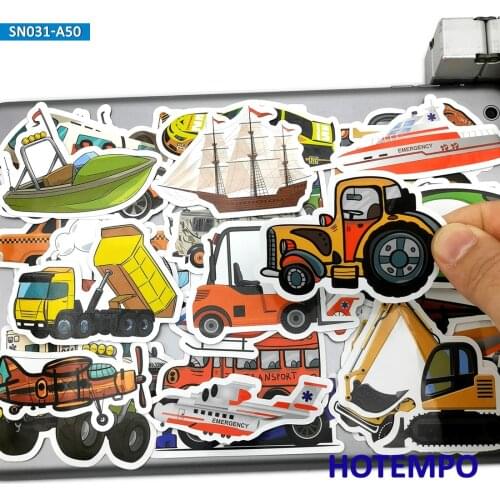 50pcs Funny Cartoon Truck Bus Moto Car Ship Airplane Boys Gift Mixed Stickers Toys for Kids Phone Laptop Luggage Decals Stickers