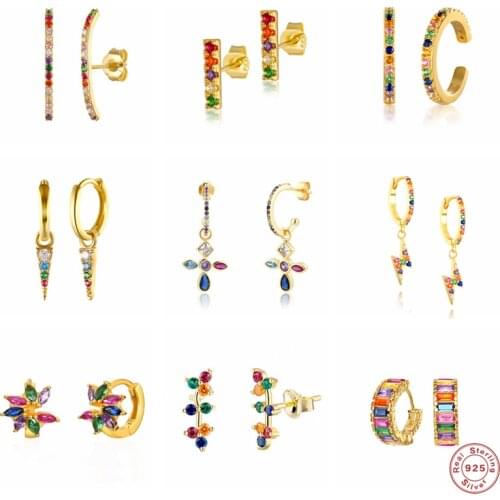 Aide 925 Sterling Silver Colored Crystal Hoop Earrings Collection Rainbow Zircon Mosaic Charm Circle Huggie Earrings Jewelry